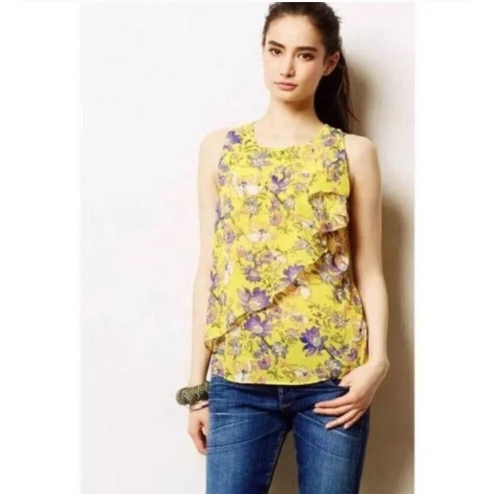 Anthropologie HD in Paris Sungarden Yellow Floral Chiffon Blouse Size 6 Top